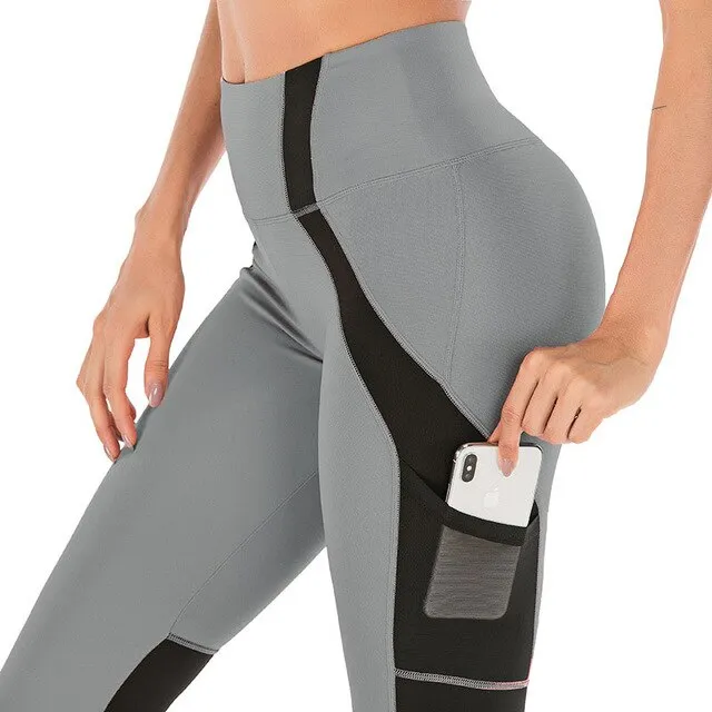 Sports Pants Contrast Color Stitching Mesh Leggings Side Pocket Mobile Phone