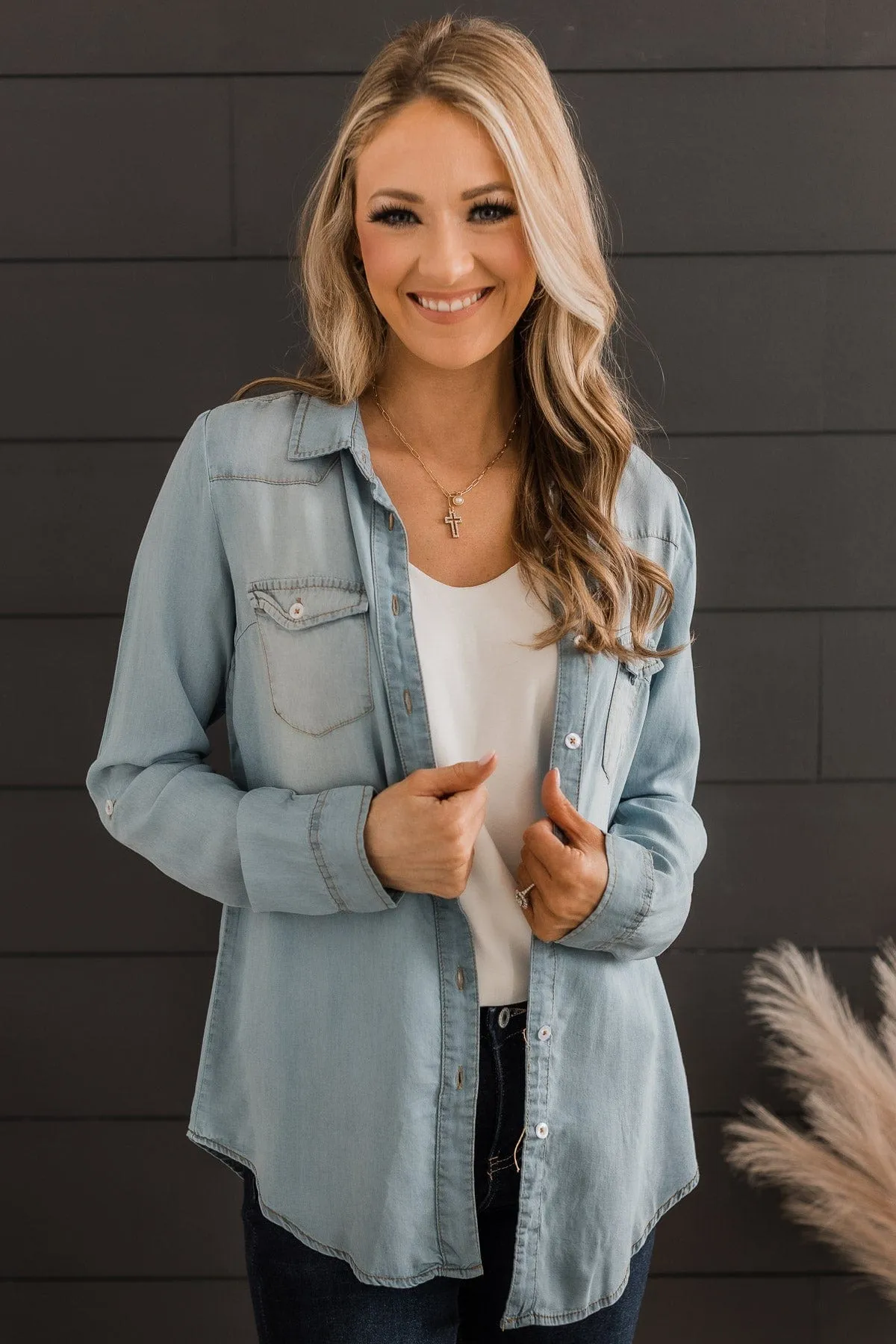 Spread Kindness Button Down Chambray Top- Light Denim