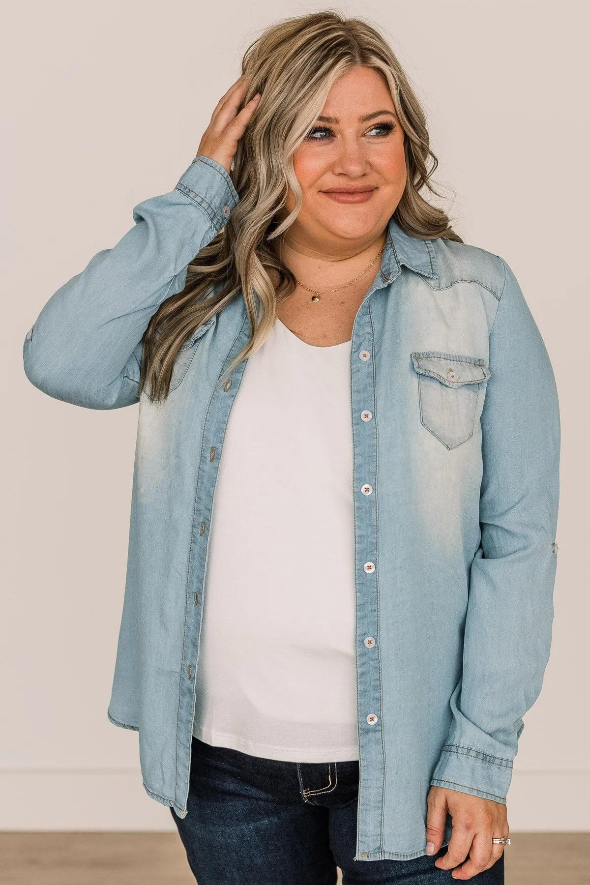 Spread Kindness Button Down Chambray Top- Light Denim