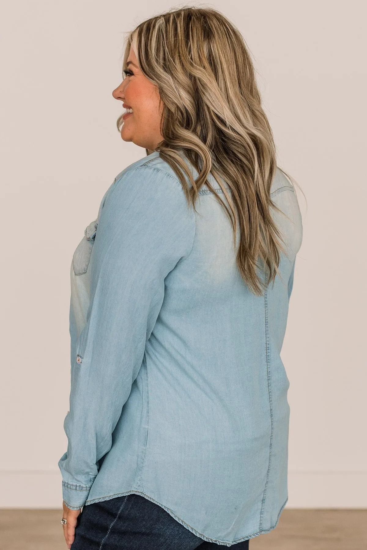 Spread Kindness Button Down Chambray Top- Light Denim