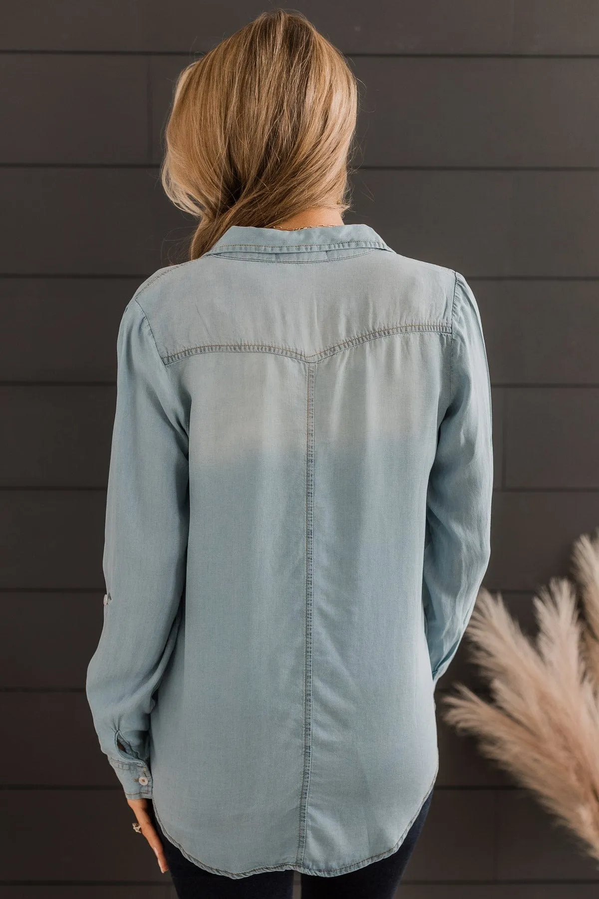 Spread Kindness Button Down Chambray Top- Light Denim