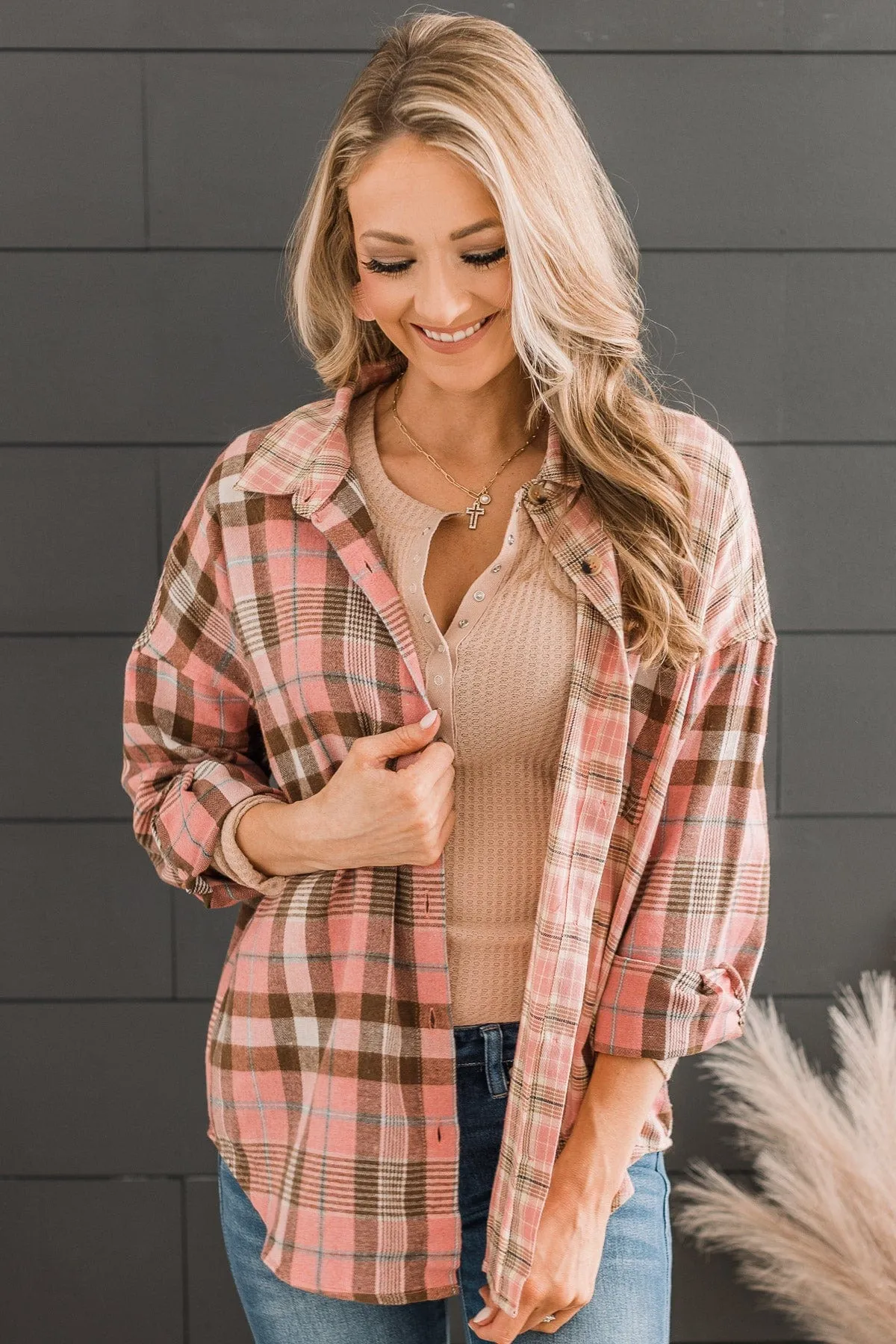 Stand By You Button Down Plaid Top- Pink