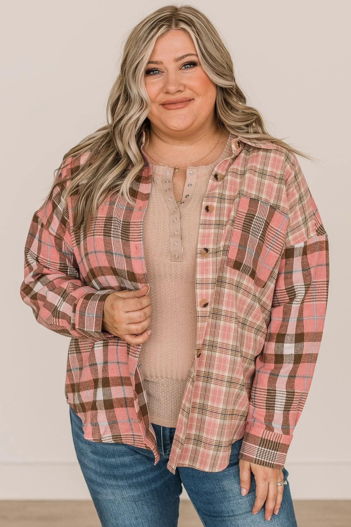 Stand By You Button Down Plaid Top- Pink