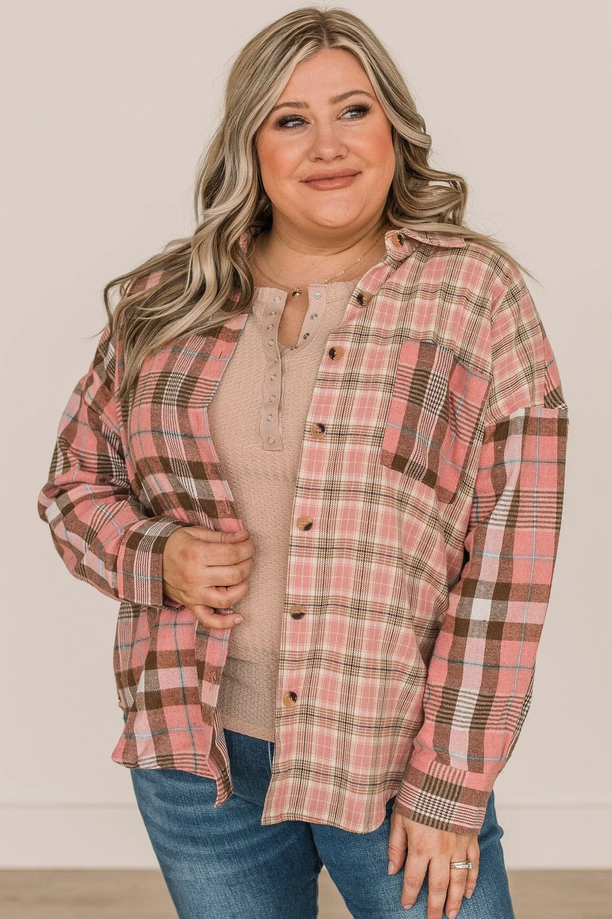 Stand By You Button Down Plaid Top- Pink