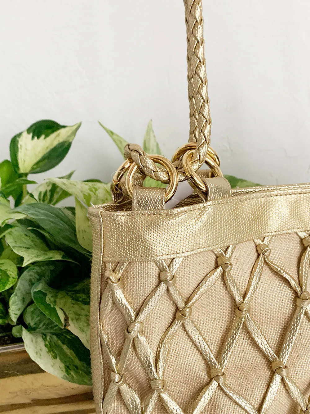 Tianni Metallic Gold Woven Bucket Bag