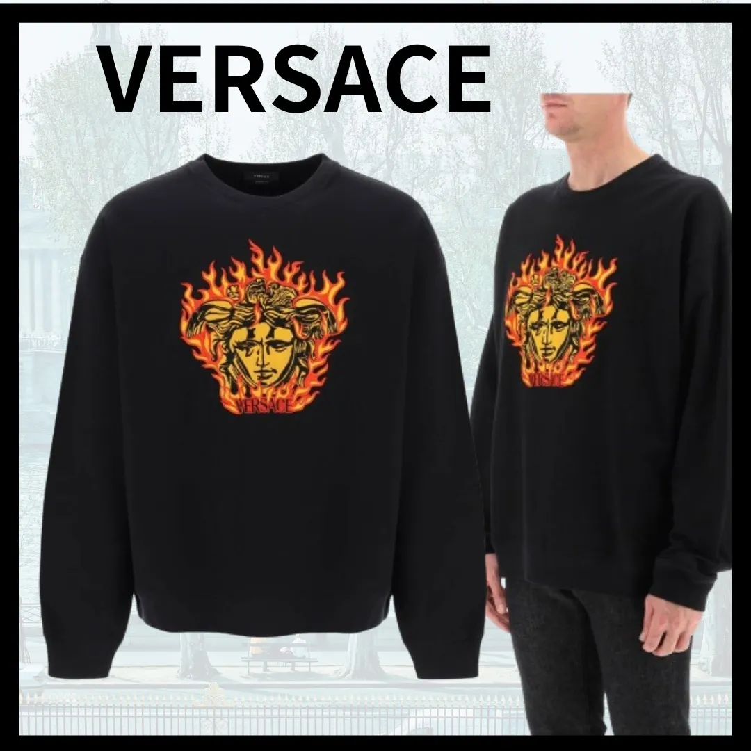 VERSACE  |Crew Neck Pullovers Long Sleeves Plain Cotton Logo Luxury