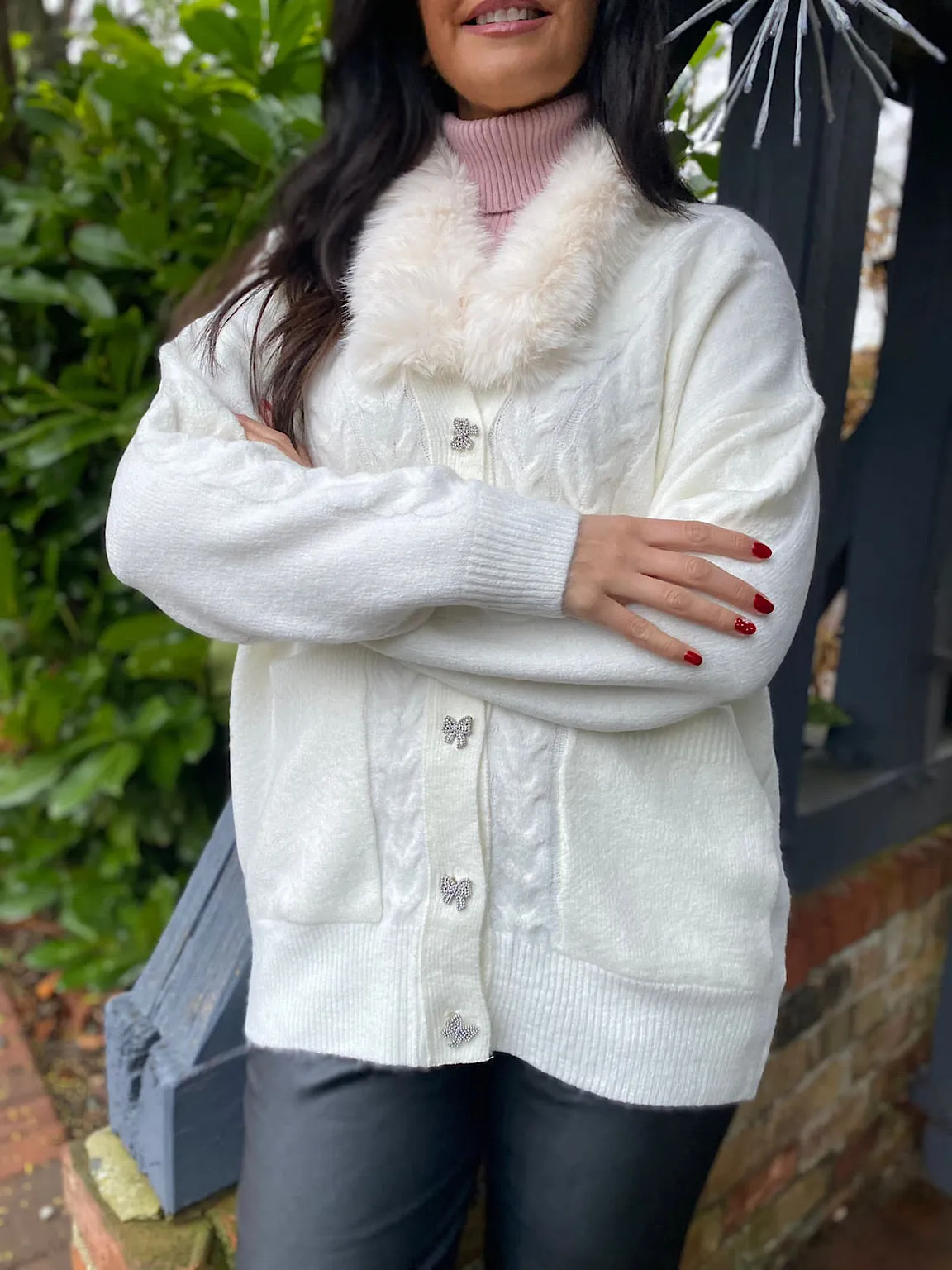 Winter White Bow Button Cardigan Aimee