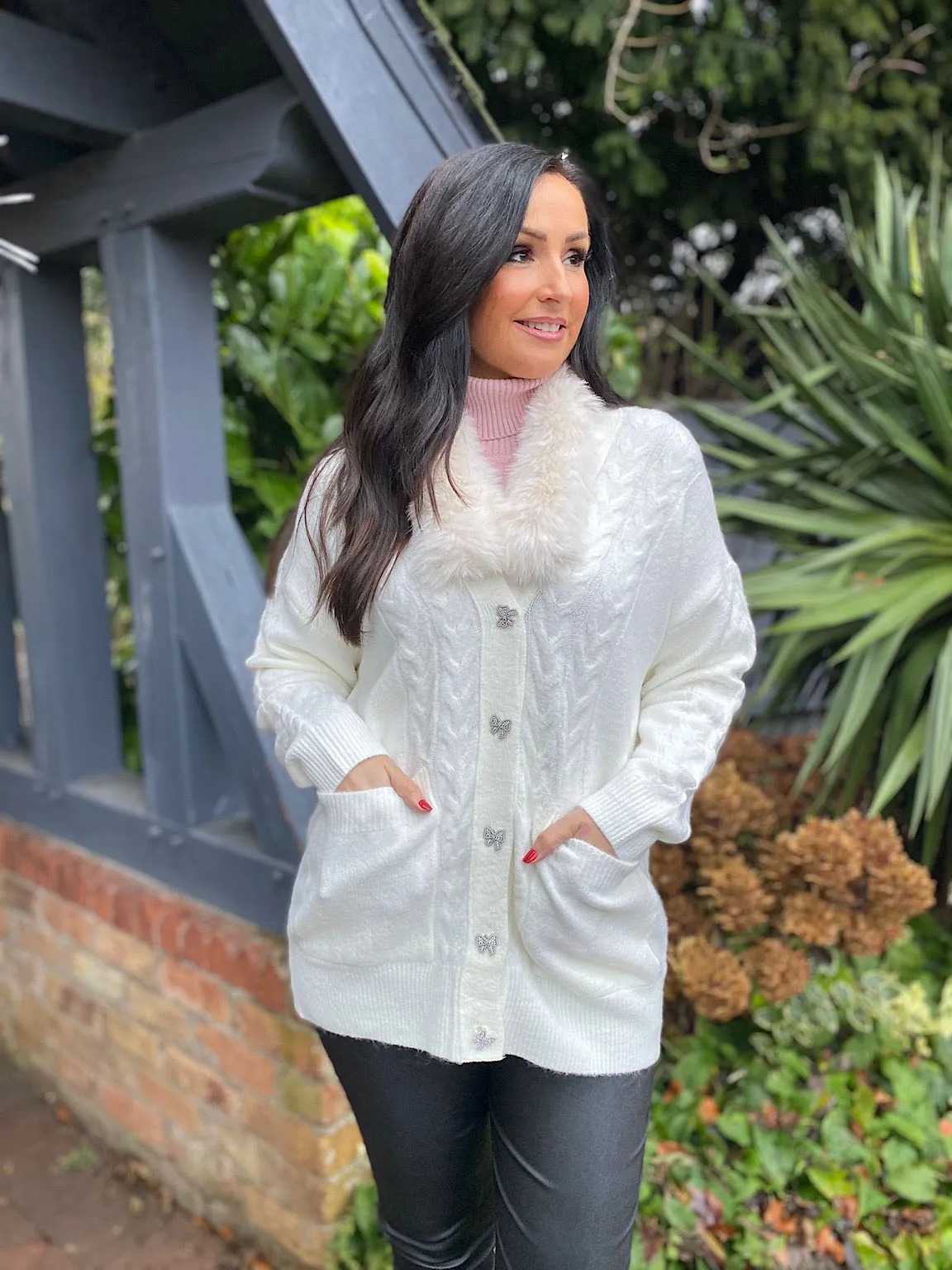 Winter White Bow Button Cardigan Aimee