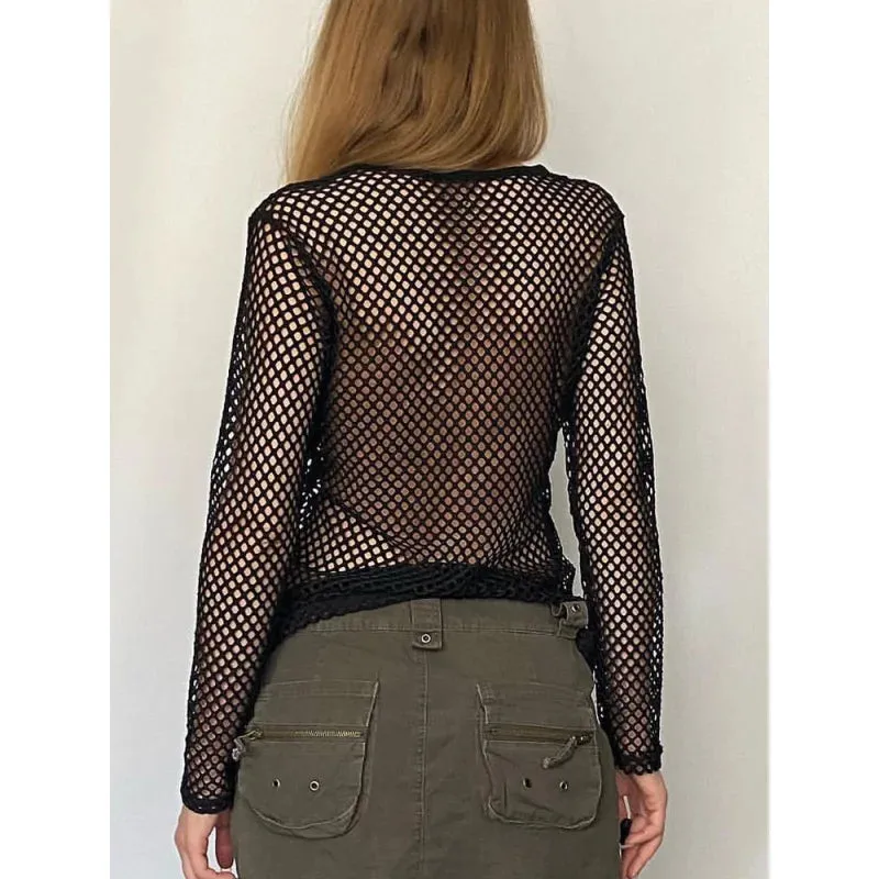 Women's Black Basic See-Through Hollow Out Mesh O-Neck Long Sleeves Shirt