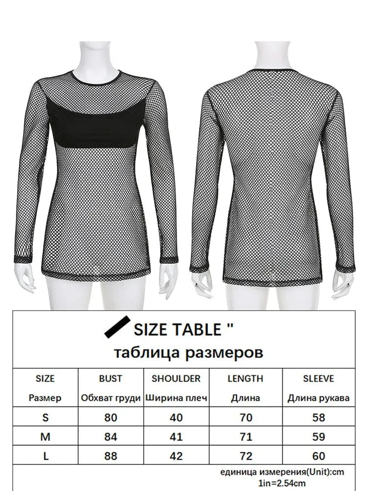 Women's Black Basic See-Through Hollow Out Mesh O-Neck Long Sleeves Shirt