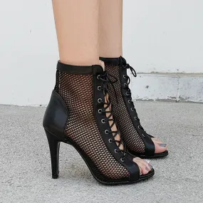 Women's Black Color Hollow Mesh Lace Up Peep Toe Cover Heel Boots