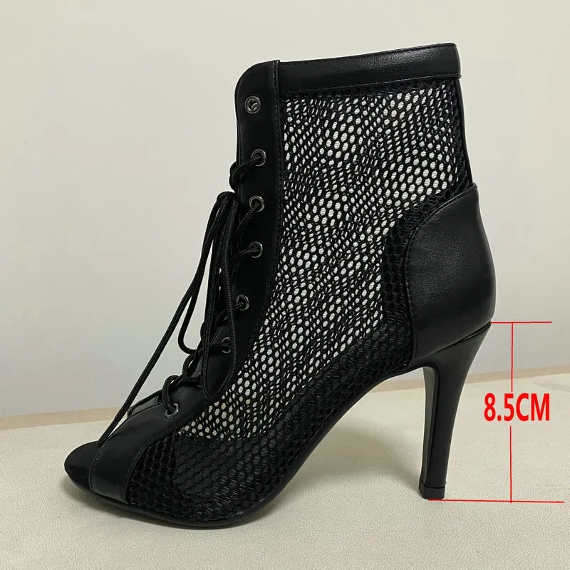 Women's Black Color Hollow Mesh Lace Up Peep Toe Cover Heel Boots