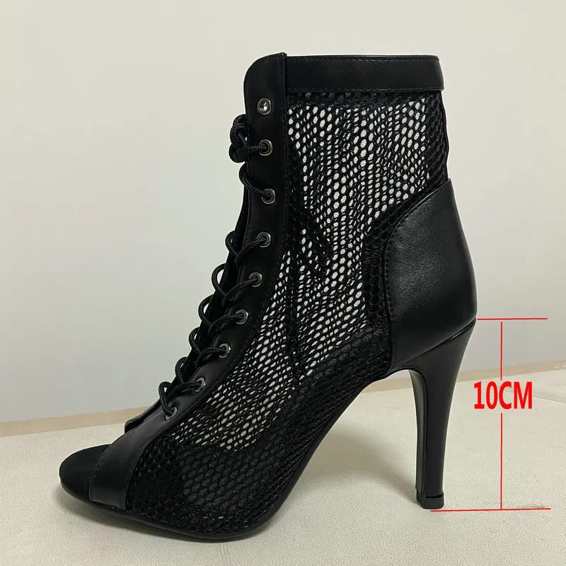 Women's Black Color Hollow Mesh Lace Up Peep Toe Cover Heel Boots