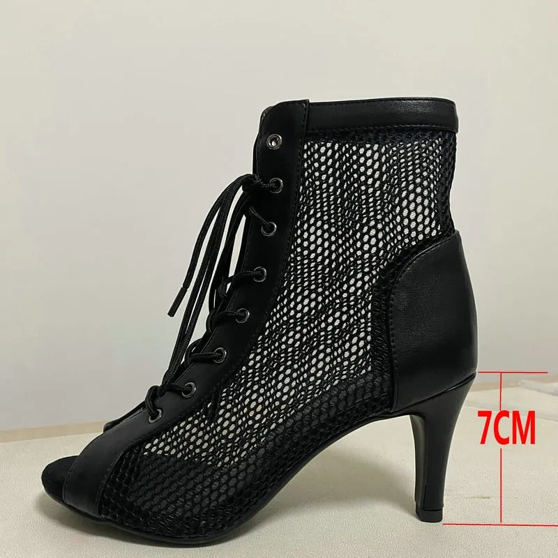 Women's Black Color Hollow Mesh Lace Up Peep Toe Cover Heel Boots