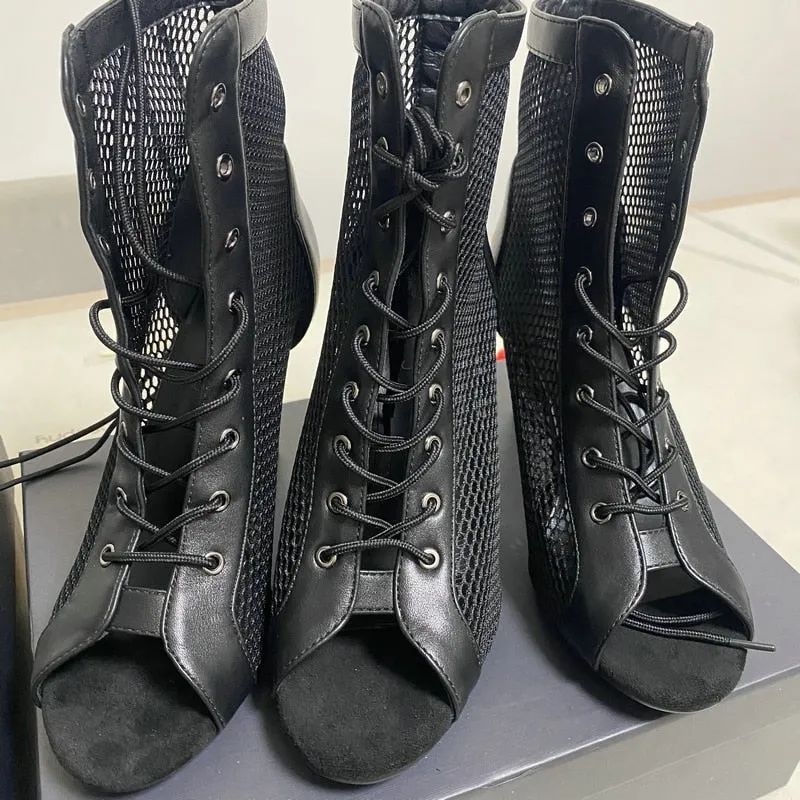 Women's Black Color Hollow Mesh Lace Up Peep Toe Cover Heel Boots