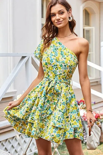 Women's Floral Dress One Shoulder Sundresses Bohem