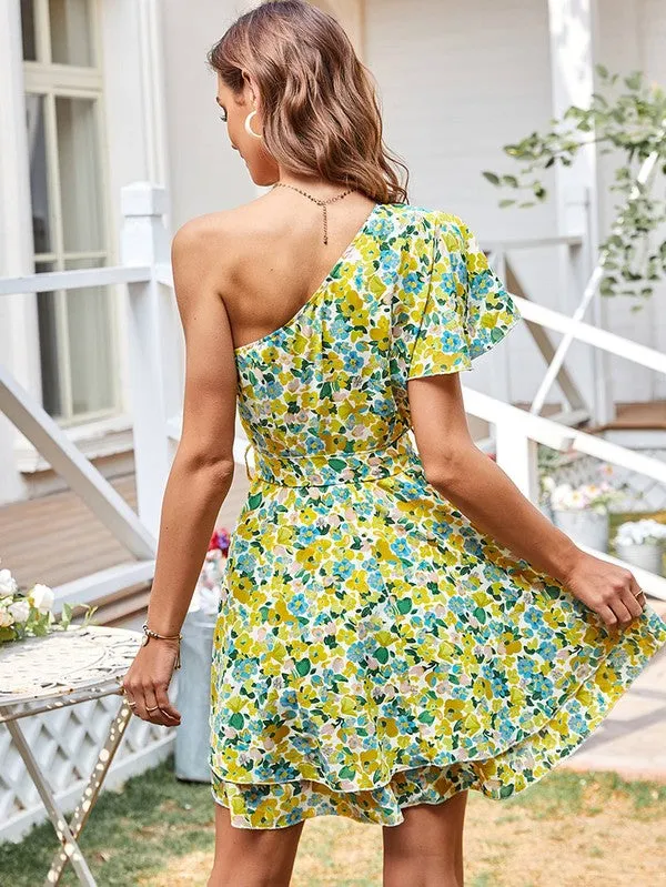 Women's Floral Dress One Shoulder Sundresses Bohem