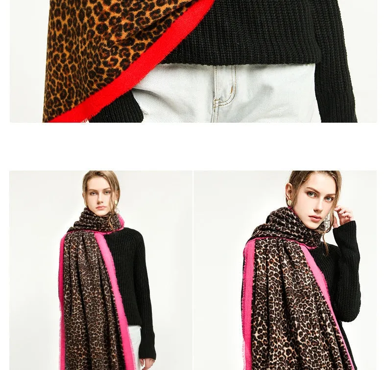 Women's Long Designer Cashmere Leopard Pattern Printed Wraps Shawls