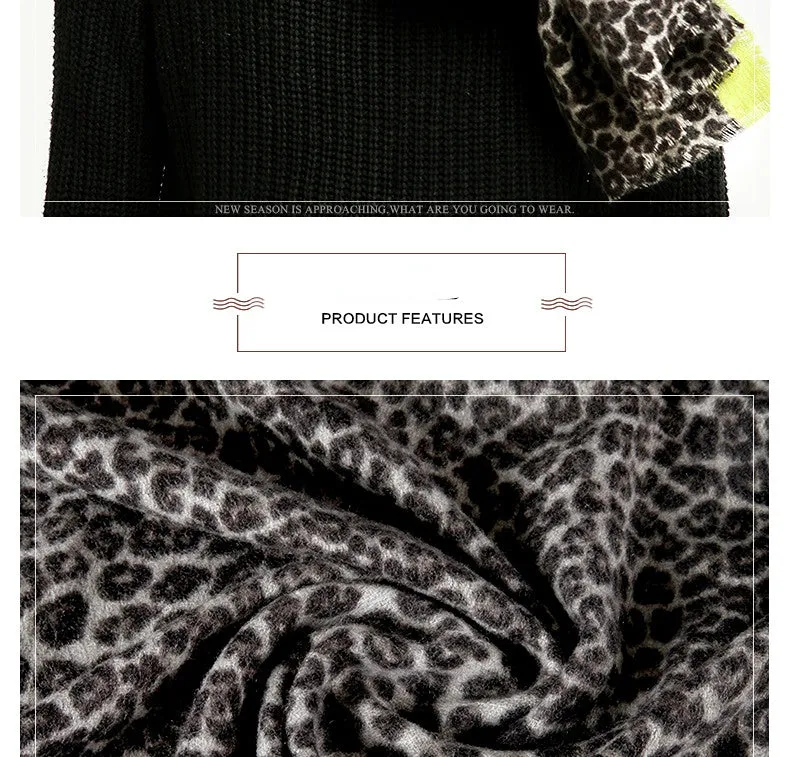 Women's Long Designer Cashmere Leopard Pattern Printed Wraps Shawls