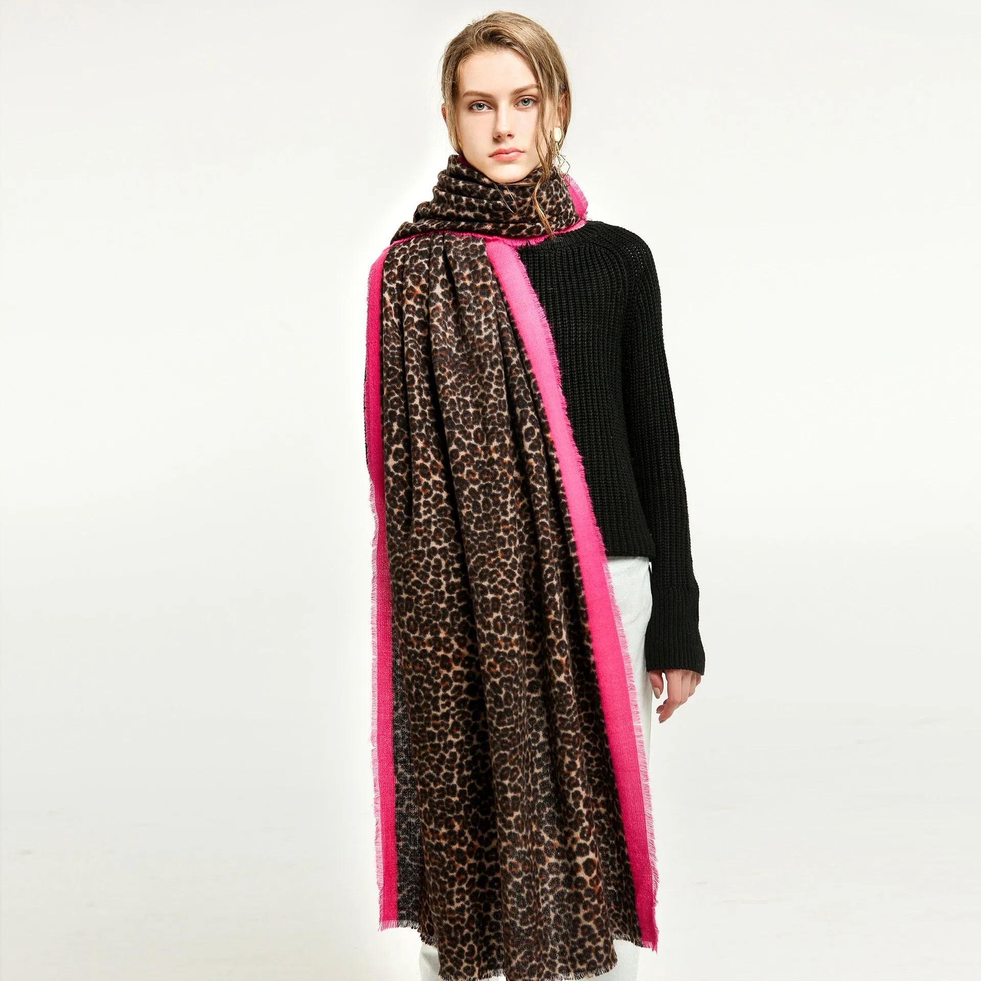 Women's Long Designer Cashmere Leopard Pattern Printed Wraps Shawls