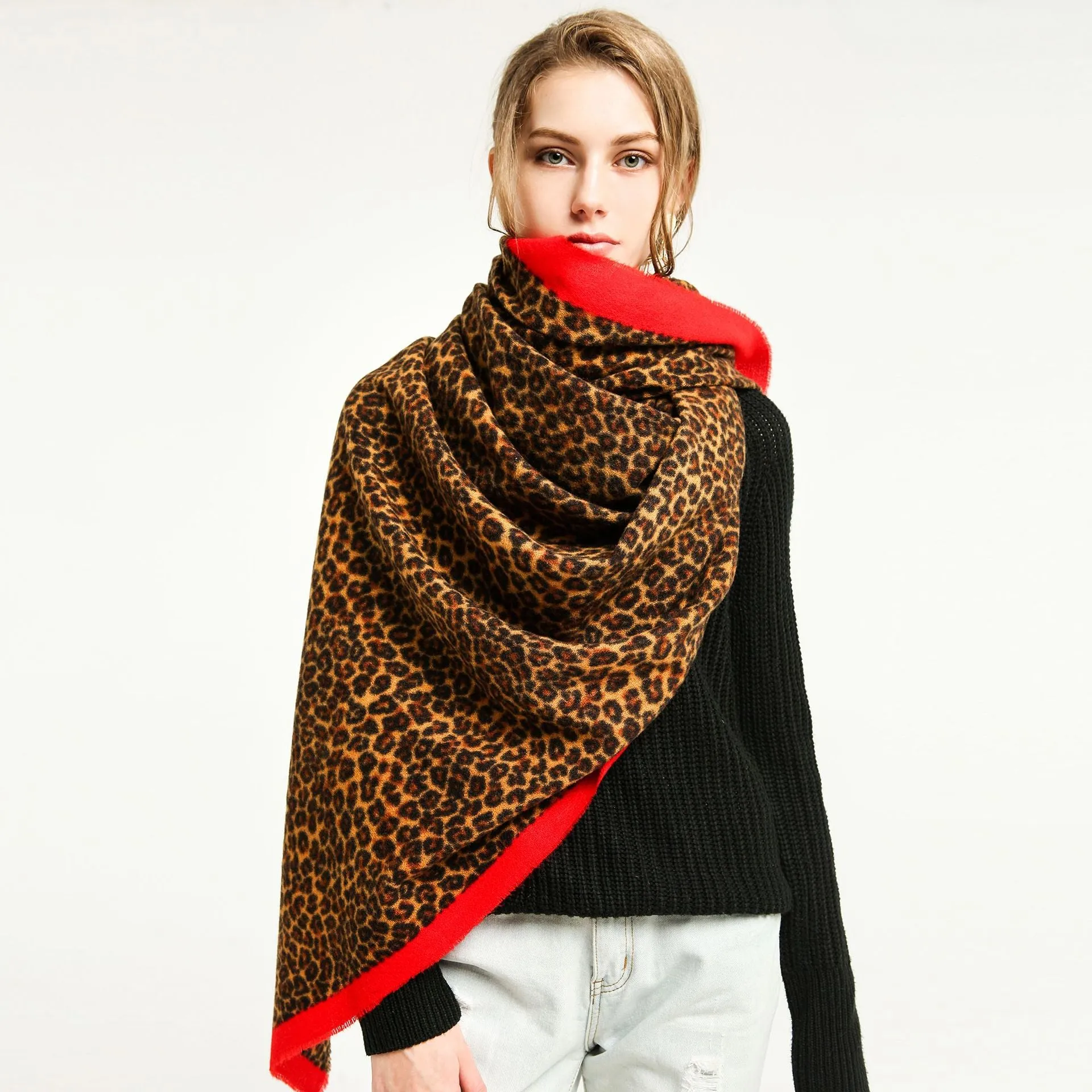 Women's Long Designer Cashmere Leopard Pattern Printed Wraps Shawls