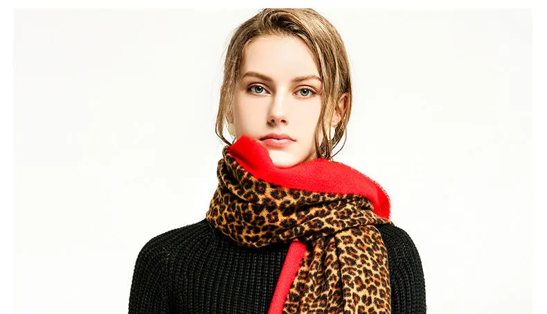 Women's Long Designer Cashmere Leopard Pattern Printed Wraps Shawls