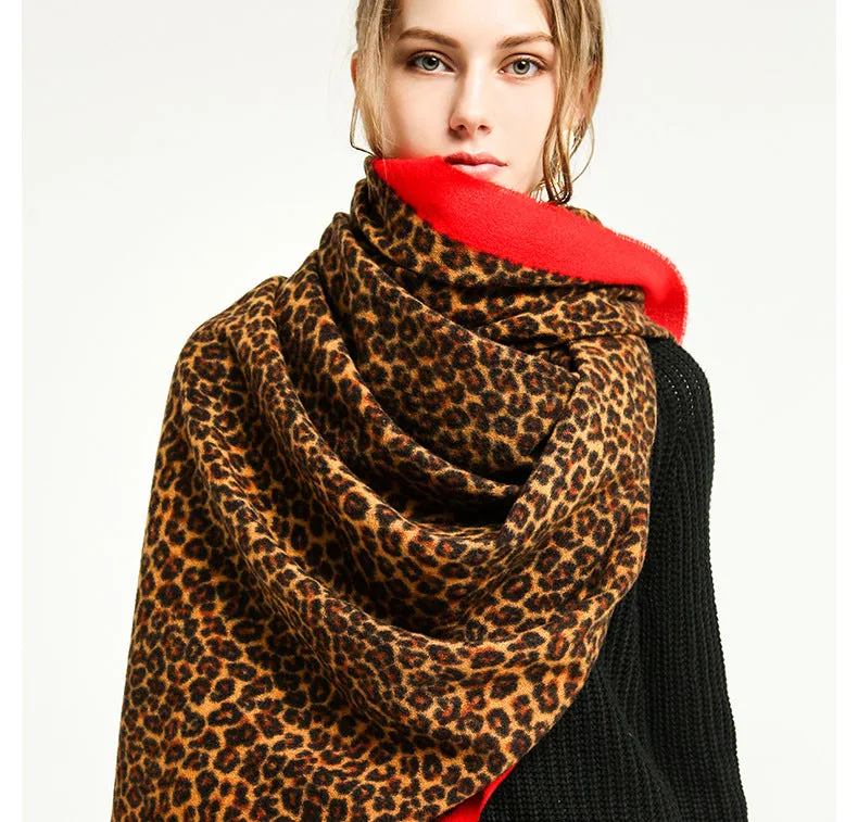 Women's Long Designer Cashmere Leopard Pattern Printed Wraps Shawls