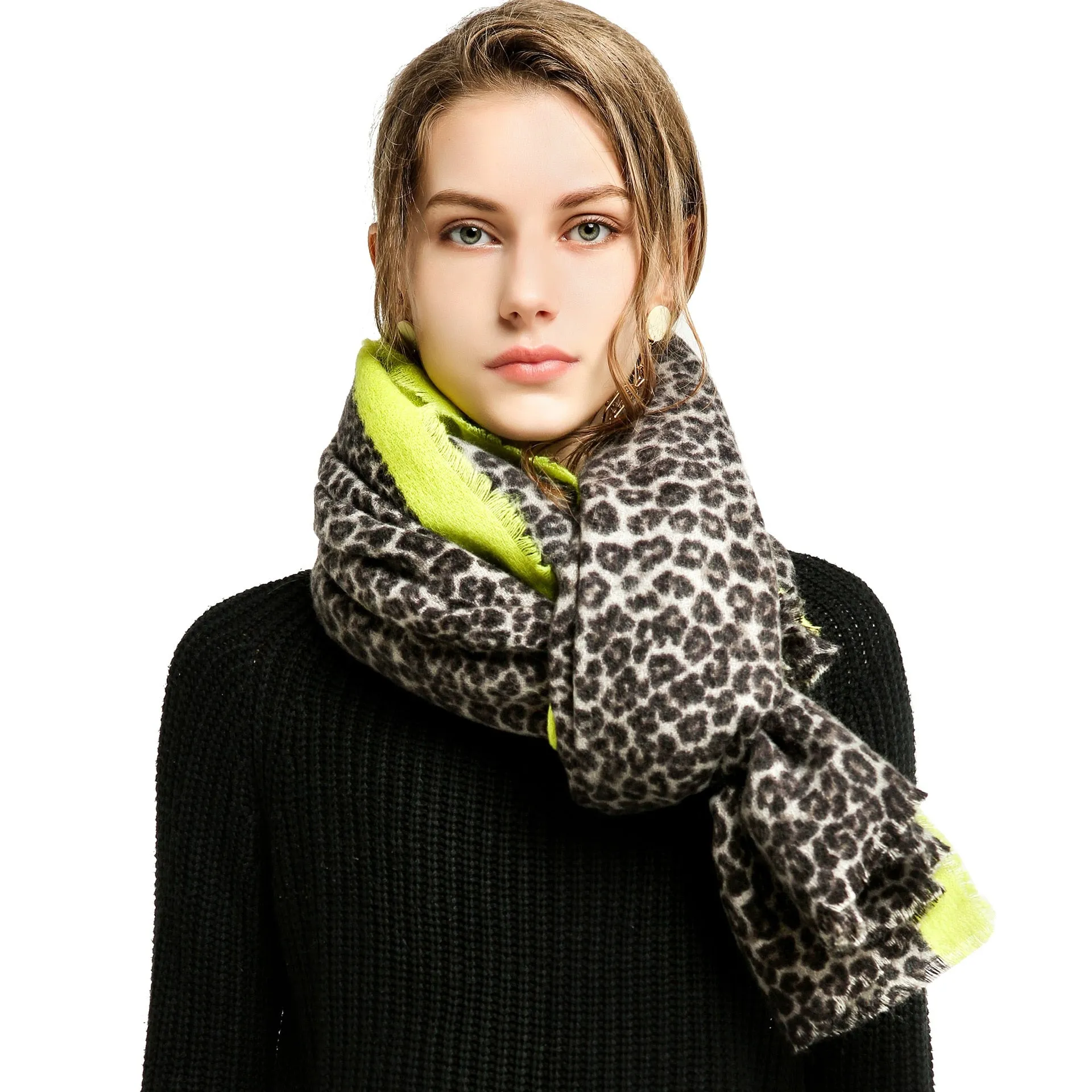 Women's Long Designer Cashmere Leopard Pattern Printed Wraps Shawls