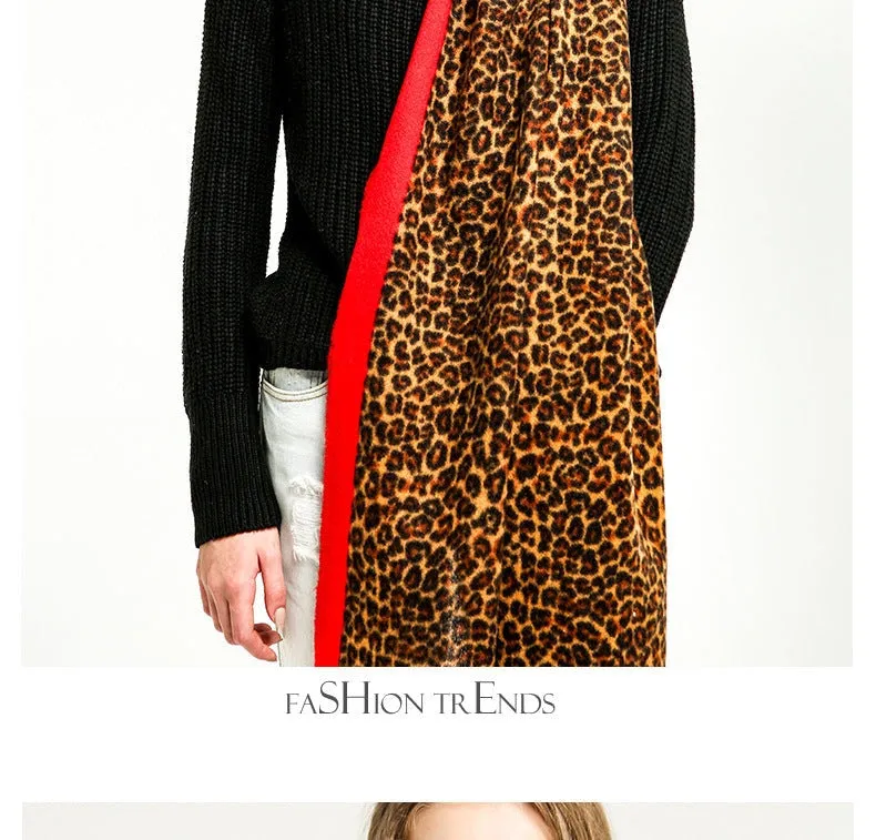 Women's Long Designer Cashmere Leopard Pattern Printed Wraps Shawls