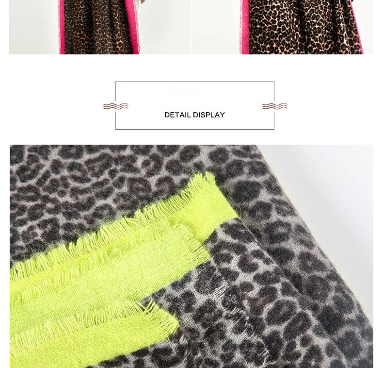 Women's Long Designer Cashmere Leopard Pattern Printed Wraps Shawls