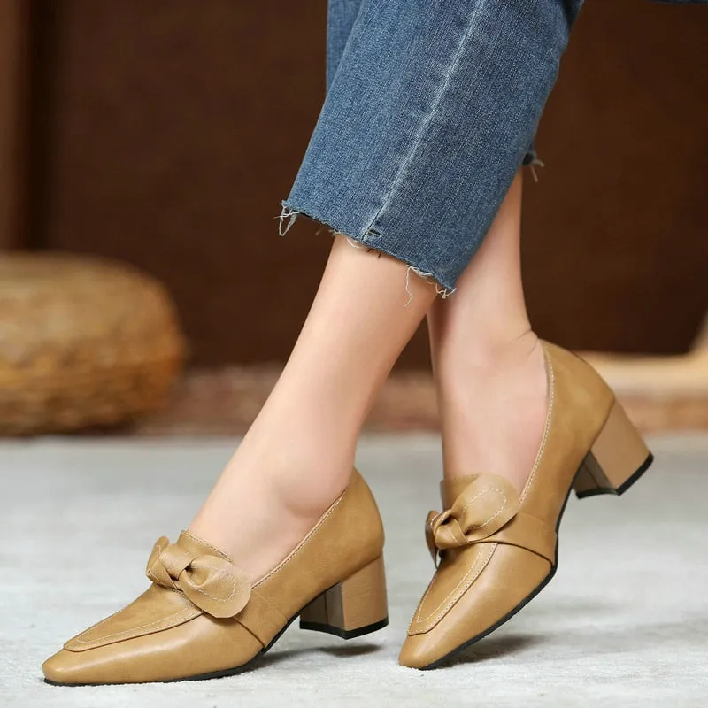 Women's Solid Slip On Pointed Toe Square Med Heel Butterfly knot Shoes