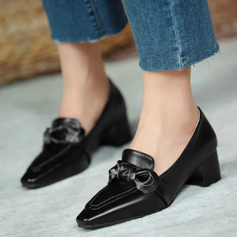 Women's Solid Slip On Pointed Toe Square Med Heel Butterfly knot Shoes