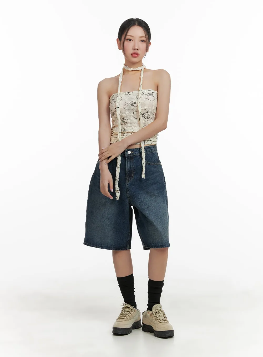 Wrinkled Floral Tube Top with Scarf CA415