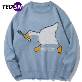 Xituodai Murder Goose Duck Men Knitted Sweater Cartoon Printed Oversize Jumper Pullovers Winter Unisex Fashion Clothing Harajuku