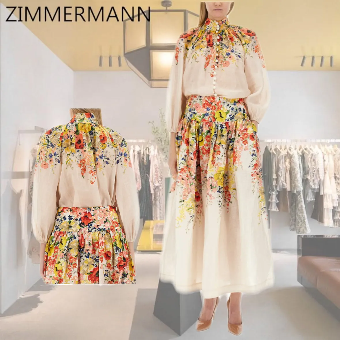 Zimmermann  |Flower Patterns Casual Style Linen Long Sleeves